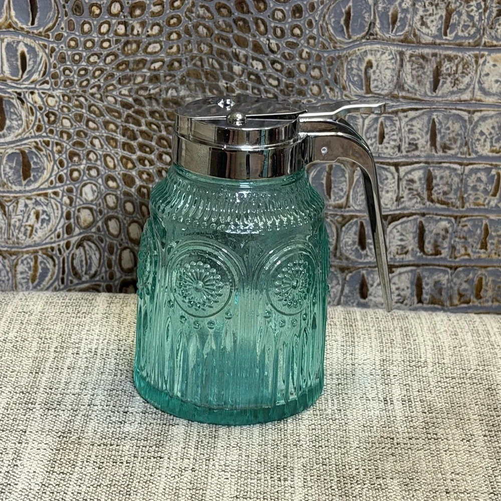 Pioneer Woman Adeline Turquoise‎ Glass Syrup Dispenser • Embossed • Farmhouse